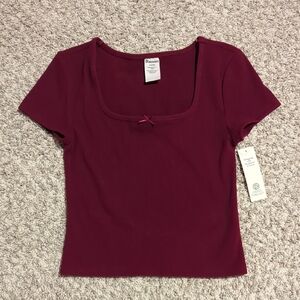 Wine Burgundy Ultra Soft Square Neck Top Bow Fine Rib Knit Stretch Baby Tee S